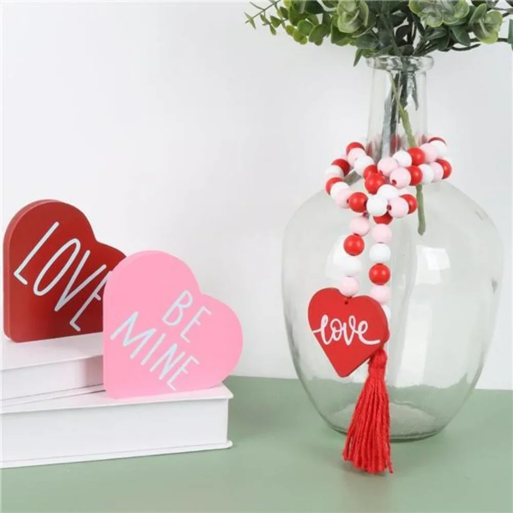 Farmhouse Wood Beaded Garland with Tassel, Valentines Day Decor